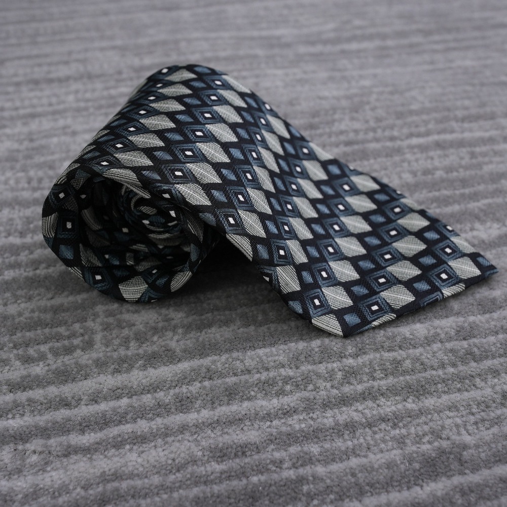 Ziggurat Mulberry Neckwear Mens Silk Tie Black Grey Geometric Diamond Handmade